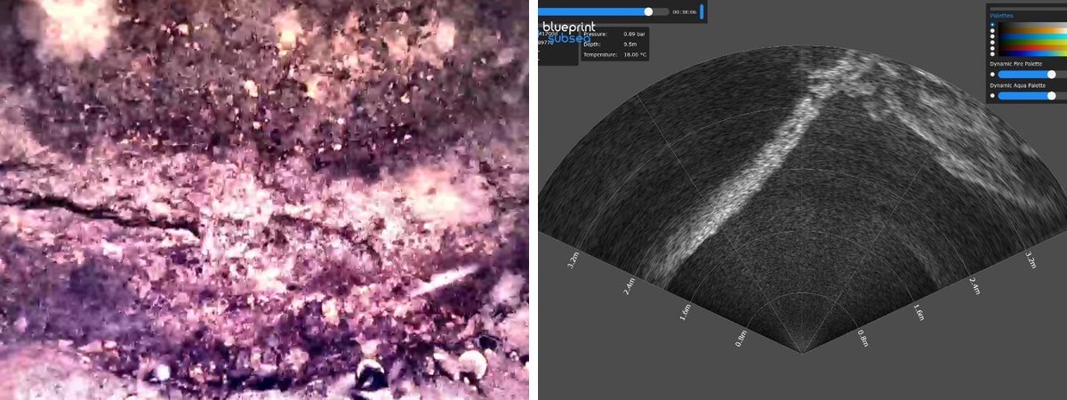 Caméra HD ou sonar multifaisceaux À gauche, image caméra HD en eau claire ; à droite, image sonar multifaisceaux en eau turbide