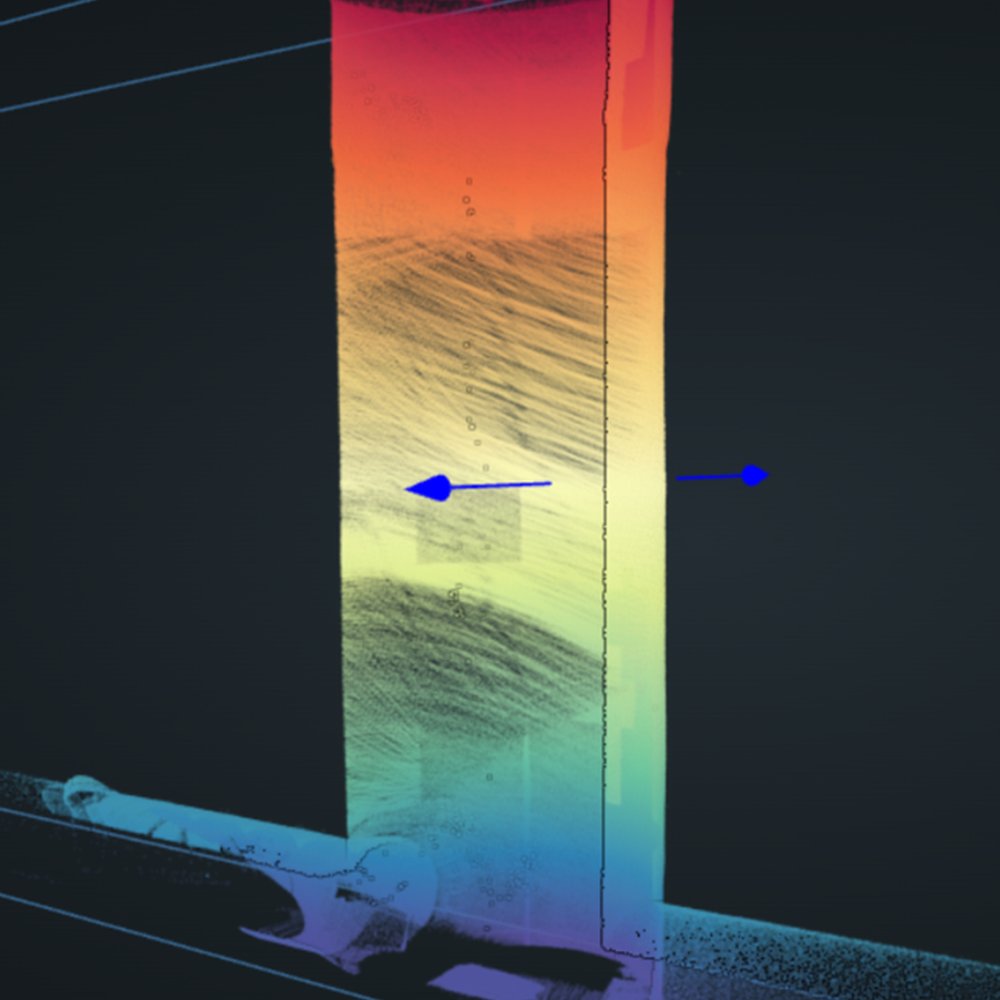 Coupe 3D axiale issue du nuage de points d’un ouvrage immergé, colorée selon la profondeur Coupe 3D axiale issue du nuage de points d’un ouvrage immergé, colorée selon la profondeur