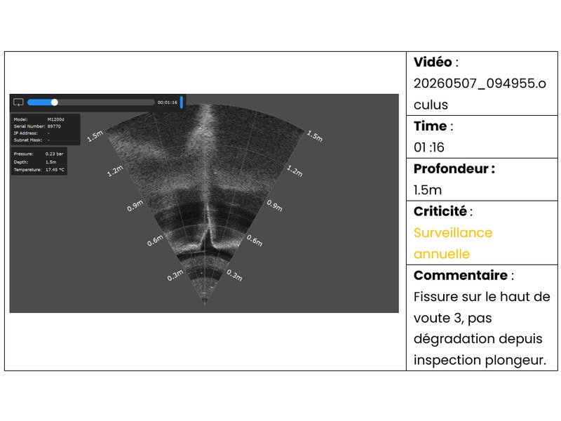 Fiche d’observation du rapport d’inspection sous-marine : image sonar, profondeur, criticité et commentaire Fiche d’observation du rapport d’inspection sous-marine : image sonar, profondeur, criticité et commentaire