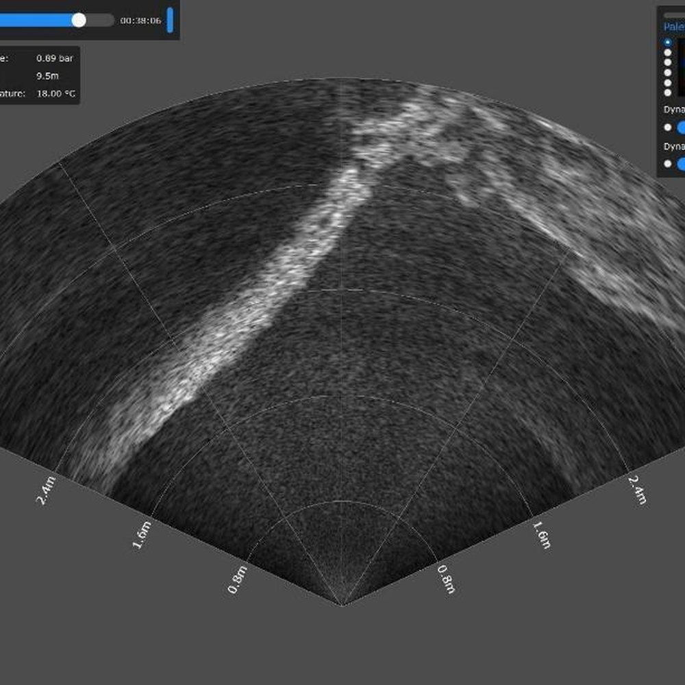 Image acoustique sonar multifaisceaux Oculus d’une palplanche immergée autour du gabion Image acoustique sonar multifaisceaux Oculus d’une palplanche immergée autour du gabion